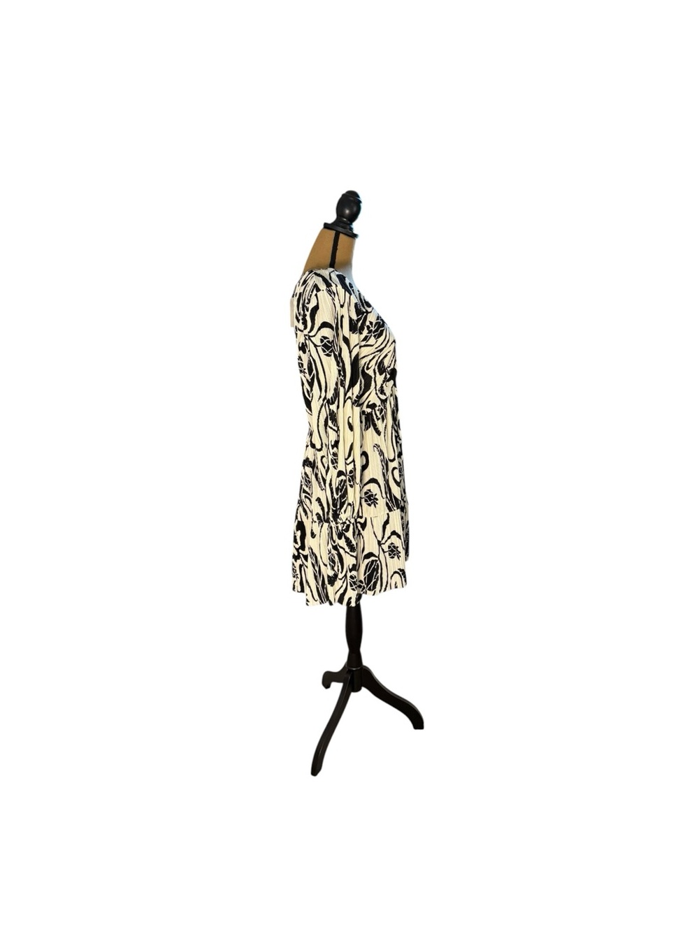 H&M Plissé Mini Dress XL NWT Black Cream Floral Balloon Sleeve Boho Cottagecore - Picture 2 of 10